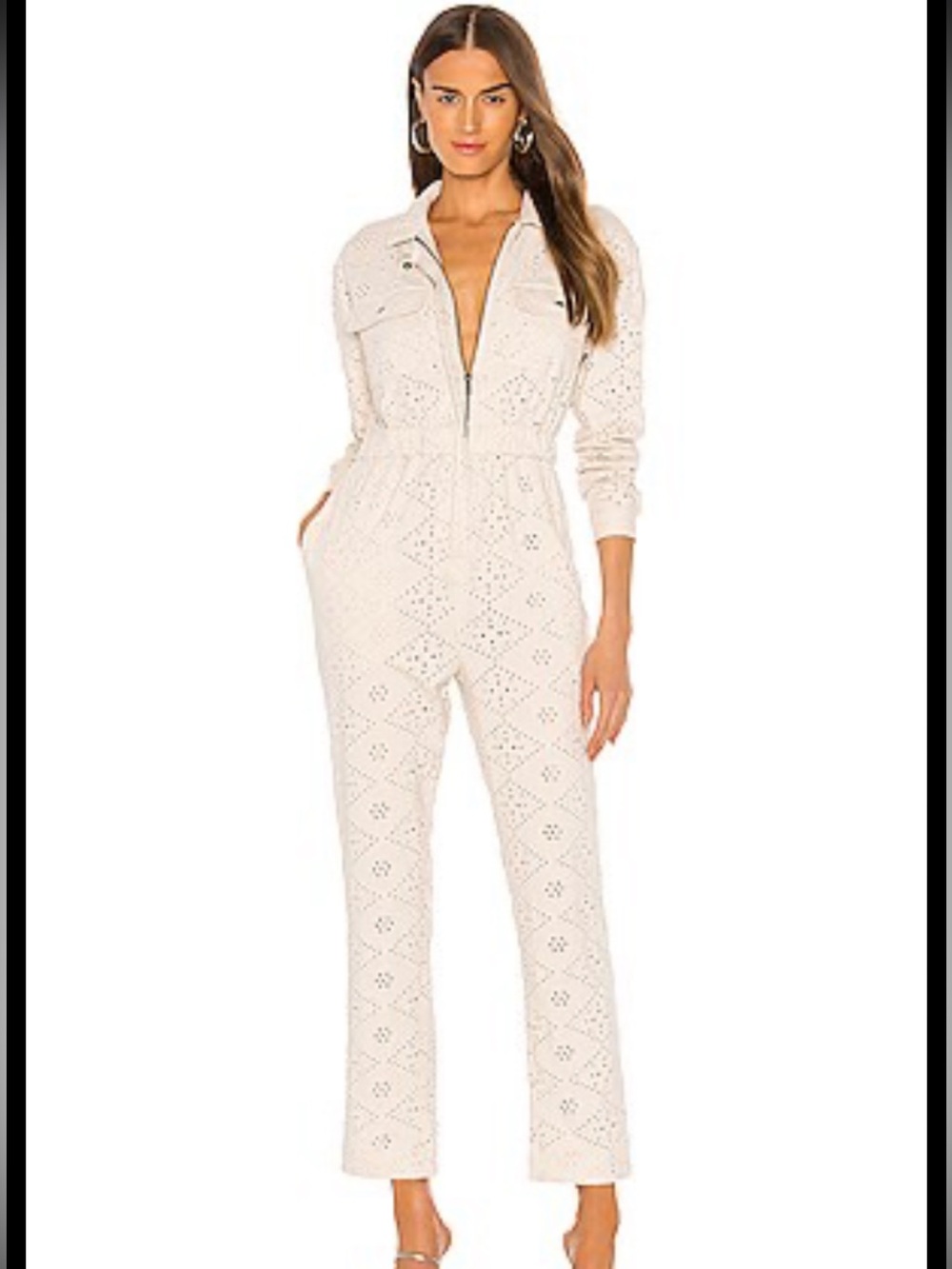 Free People Cream Eyelet Zip Front Knit Jumpsuit